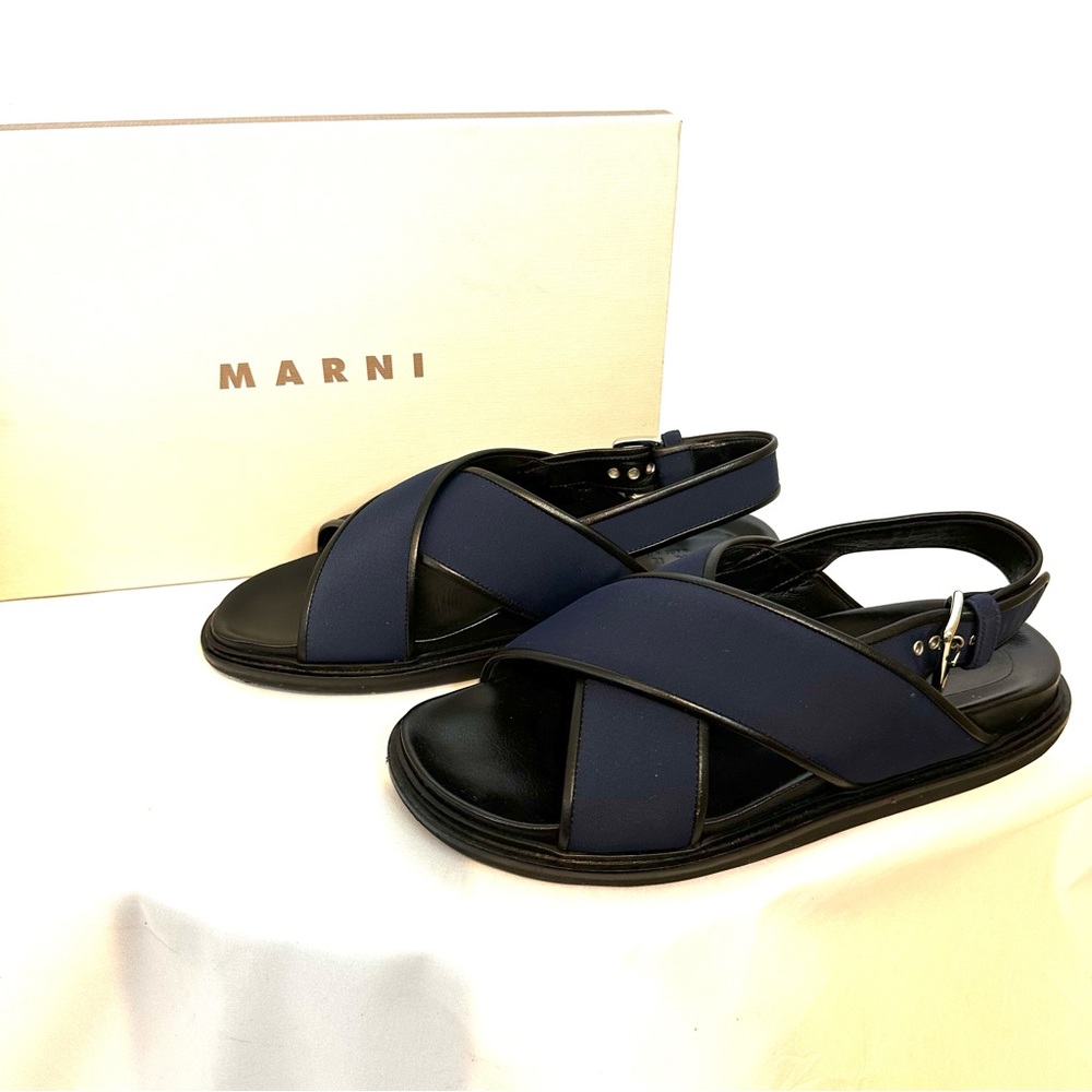 Marni Fussbett leather sandal crisscross low platform in blue and black - Picture 4 of 11